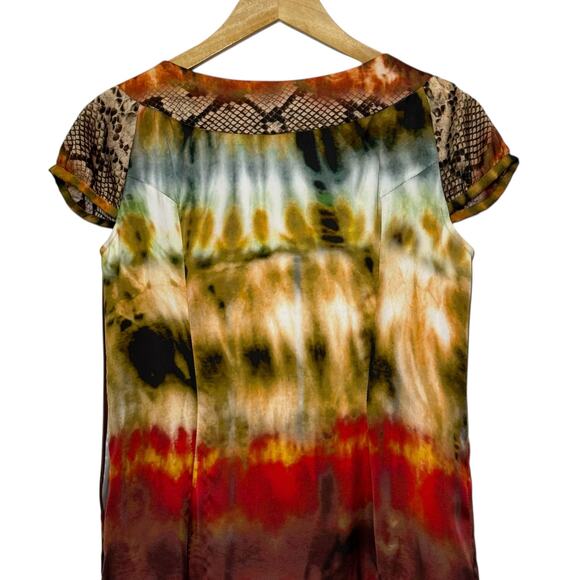 Cara Lotti Silk Sheath Dress Size 8 Brown Rust Yellow Cap Sleeves Scoop Neck - Picture 4 of 7